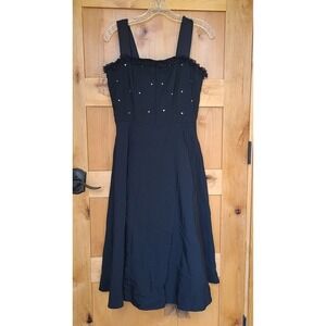 Vtg La Belle Black Midi 50s Rockabilly Swing Dress Rhinestone SMALL Crinoline